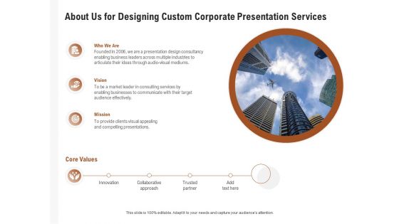 Business Customizable About Us For Designing Custom Corporate Presentation Services Portrait PDF