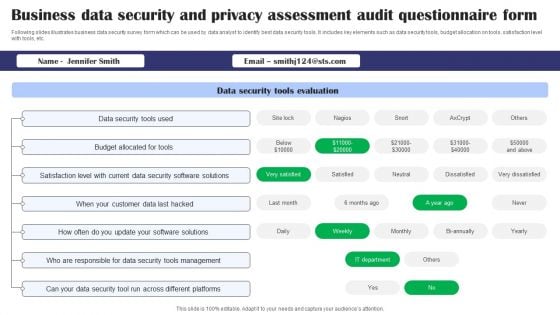 Business Data Security And Privacy Assessment Audit Questionnaire Form Survey SS