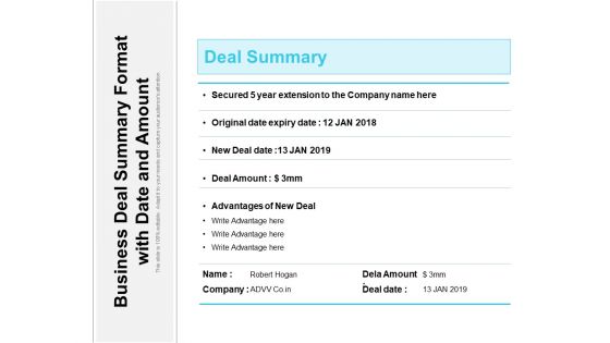 Business Deal Summary Format With Date And Amount Ppt PowerPoint Presentation Gallery Portrait PDF