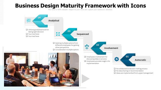 Business Design Maturity Framework With Icons Ppt PowerPoint Presentation File Example PDF