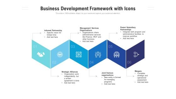 Business Development Framework With Icons Ppt PowerPoint Presentation Visual Aids Show PDF