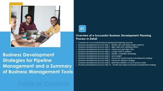 Business Development Strategies For Pipeline Management And A Summary Of Business Management Tools Table Of Contents Clipart PDF