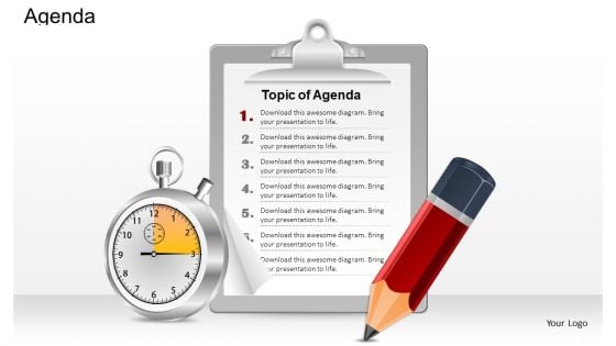 Business Diagram Pencil Clock And Notepad For Agenda Writing Presentation Template