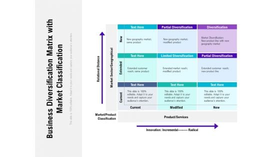 Business Diversification Matrix With Market Classification Ppt PowerPoint Presentation Infographics Ideas