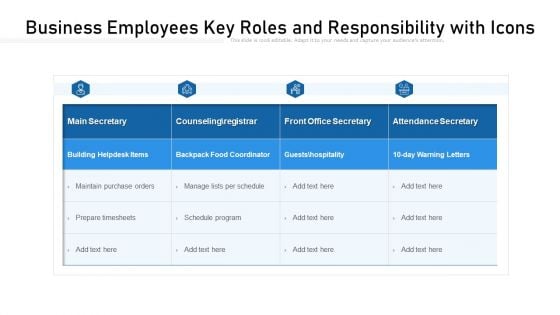 Business Employees Key Roles And Responsibility With Icons Ppt PowerPoint Presentation File Background Designs PDF