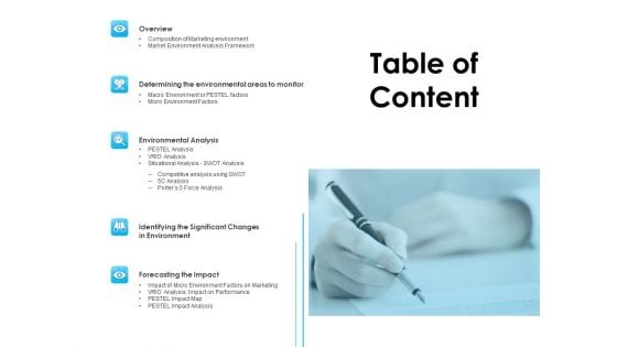 Business Environment Components Table Of Content Ppt Slides Ideas PDF