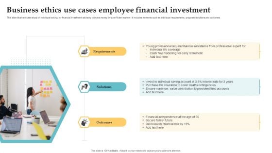 Business Ethics Use Cases Employee Financial Investment Icons PDF