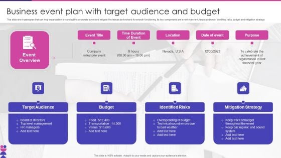 Business Event Plan With Target Audience And Budget Microsoft PDF