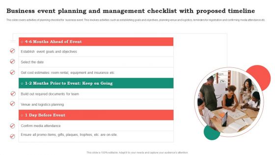 Business Event Planning And Management Checklist With Proposed Timeline Brochure PDF