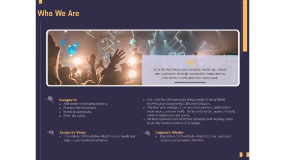 Business Event Planning Who We Are Ppt Infographic Template Images PDF