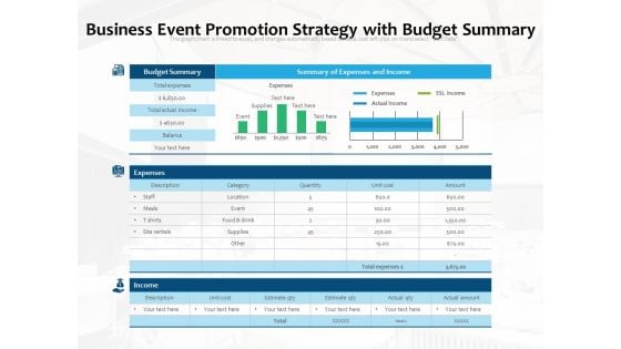 Business Event Promotion Strategy With Budget Summary Ppt PowerPoint Presentation File Outfit PDF