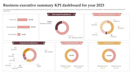 Business Executive Summary KPI Dashboard For Year 2023 Graphics PDF