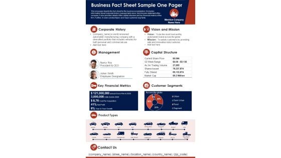 Business Fact Sheet Sample One Pager PDF Document PPT Template