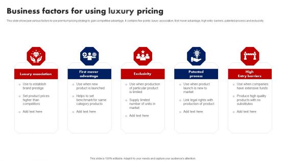 Business Factors For Using Luxury Pricing Ppt Infographic Template Design Ideas PDF