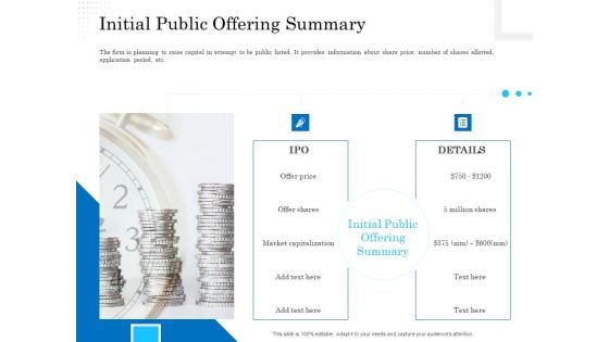 Business Finance Options Debt Vs Equity Initial Public Offering Summary Ppt Gallery Skills PDF