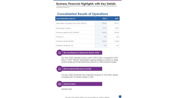 Business Financial Highlights With Key Details One Pager Documents