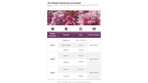 Business For Event Florist Enterprise Our Flower Theme For Your Event One Pager Sample Example Document