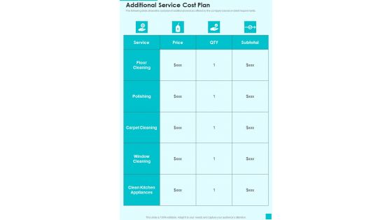 Business For House Cleaning Services Additional Service Cost Plan One Pager Sample Example Document