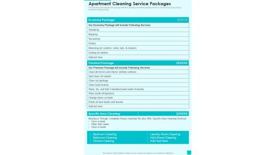 Business For House Cleaning Services Apartment Cleaning Service Packages One Pager Sample Example Document Business For House Cleaning Services Apartment Cleaning Service Packages One Pager Sample Example Document