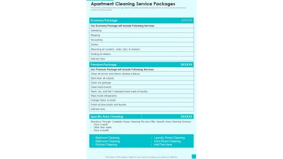 Business For House Cleaning Services Apartment Cleaning Service Packages One Pager Sample Example Document