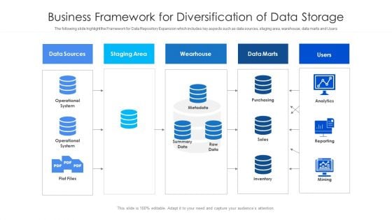 Business Framework For Diversification Of Data Storage Ppt Summary Shapes PDF