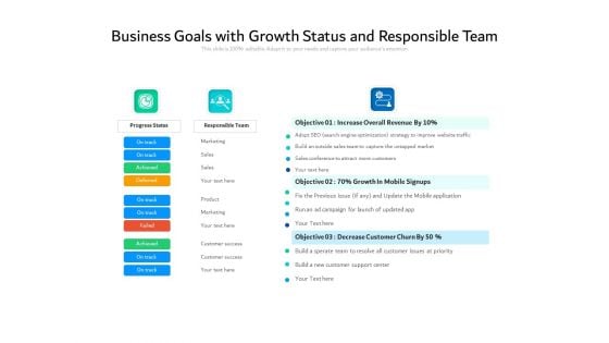 Business Goals With Growth Status And Responsible Team Ppt PowerPoint Presentation Pictures Themes PDF