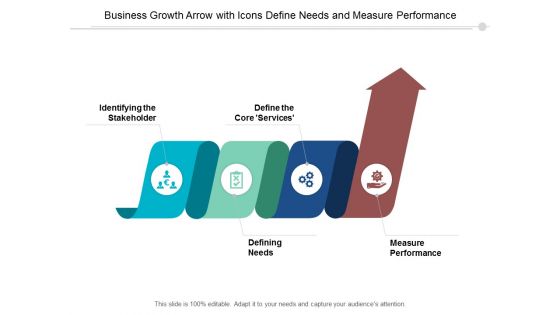 Business Growth Arrow With Icons Define Needs And Measure Performance Ppt Powerpoint Presentation Inspiration Introduction