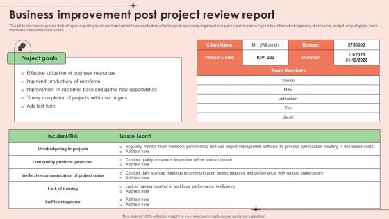 Business Improvement Post Project Review Report Formats PDF