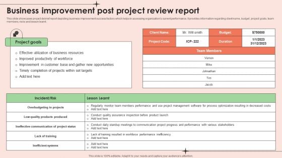 Business Improvement Post Project Review Report Formats PDF