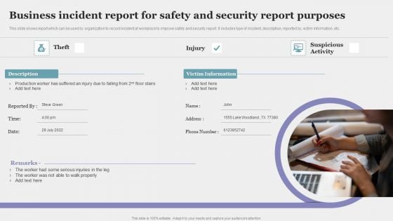 Business Incident Report For Safety And Security Report Purposes Elements PDF