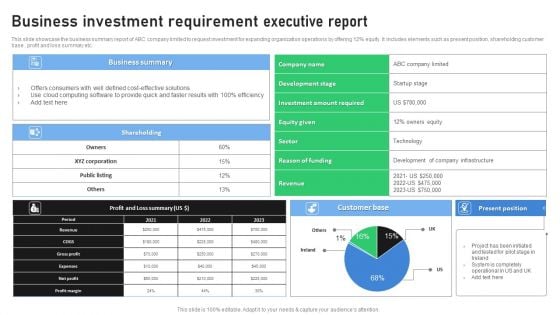 Business Investment Requirement Executive Report Designs PDF