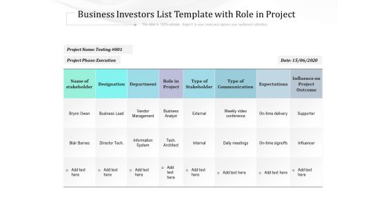Business Investors List Template With Role In Project Ppt PowerPoint Presentation File Inspiration PDF