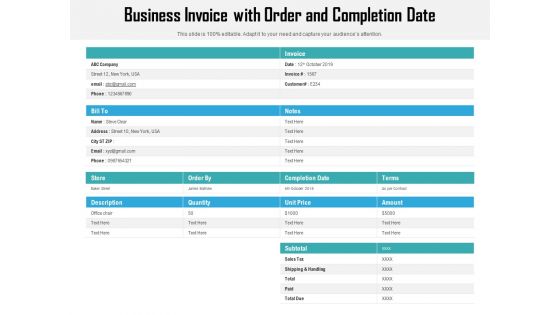 Business Invoice With Order And Completion Date Ppt PowerPoint Presentation Slide PDF
