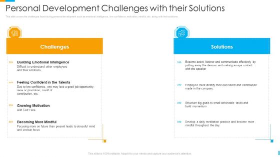Business Journey Personal Development Challenges With Their Solutions Ppt Infographics Elements PDF
