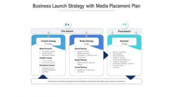 Business Launch Strategy With Media Placement Plan Ppt PowerPoint Presentation Gallery Vector PDF