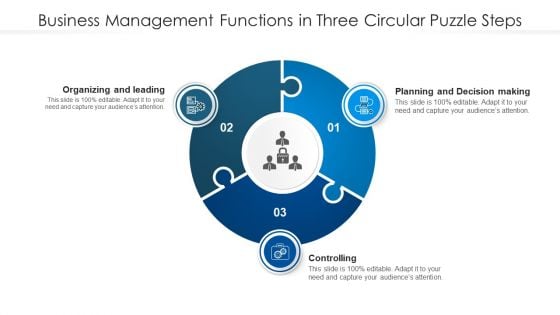 Business Management Functions In Three Circular Puzzle Steps Mockup PDF