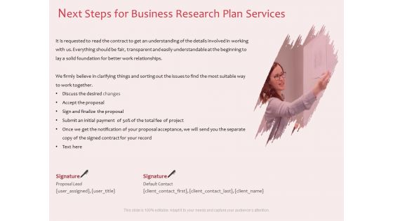 Business Management Research Next Steps For Business Research Plan Services Ppt Pictures Tips PDF