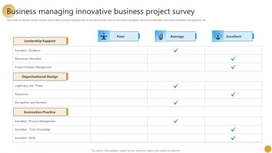 Business Managing Innovative Business Project Survey Ppt Infographic Template Demonstration PDF