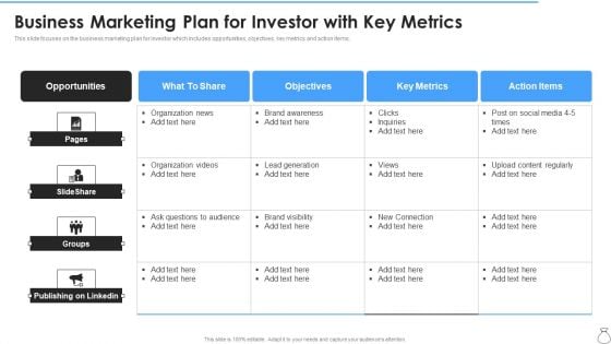 Business Marketing Plan For Investor With Key Metrics Information PDF