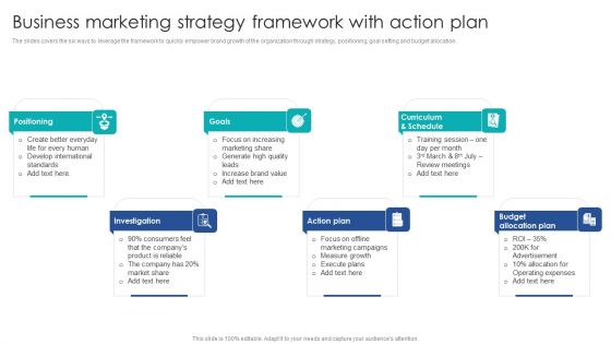 Business Marketing Strategy Framework With Action Plan Graphics PDF