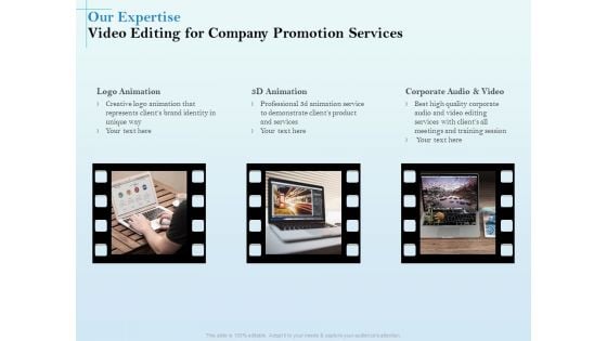 Business Marketing Video Making Our Expertise Video Editing For Company Promotion Services Summary PDF