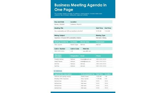 Business Meeting Agenda In One Page PDF Document PPT Template Business Meeting Agenda In One Page PDF Document PPT Template