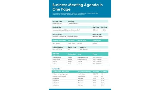 Business Meeting Agenda In One Page PDF Document PPT Template