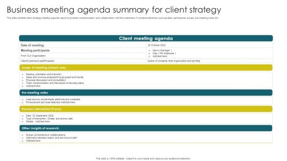 Business Meeting Agenda Summary For Client Strategy Microsoft PDF