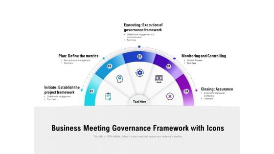 Business Meeting Governance Framework With Icons Ppt PowerPoint Presentation Portfolio Templates