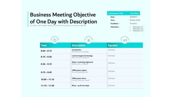 Business Meeting Objective Of One Day With Description Ppt PowerPoint Presentation Gallery Brochure PDF