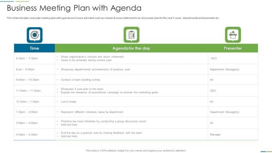 Business Meeting Plan With Agenda Portrait PDF