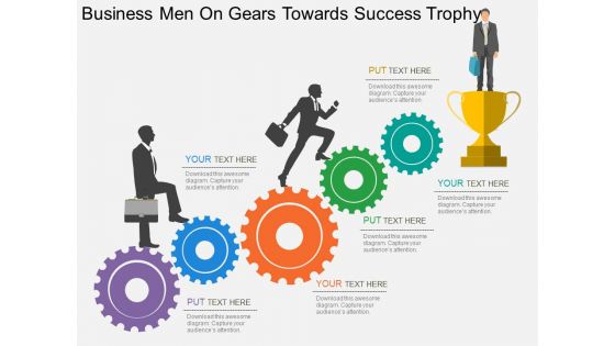 Business Men On Gears Towards Success Trophy Powerpoint Templates