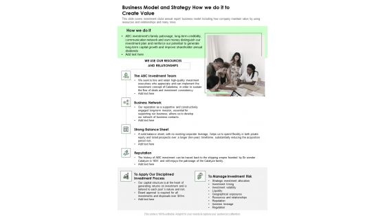 Business Model And Strategy How We Do It To Create Value One Pager Documents