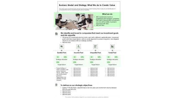 Business Model And Strategy What We Do To Create Value One Pager Documents Business Model And Strategy What We Do To Create Value One Pager Documents